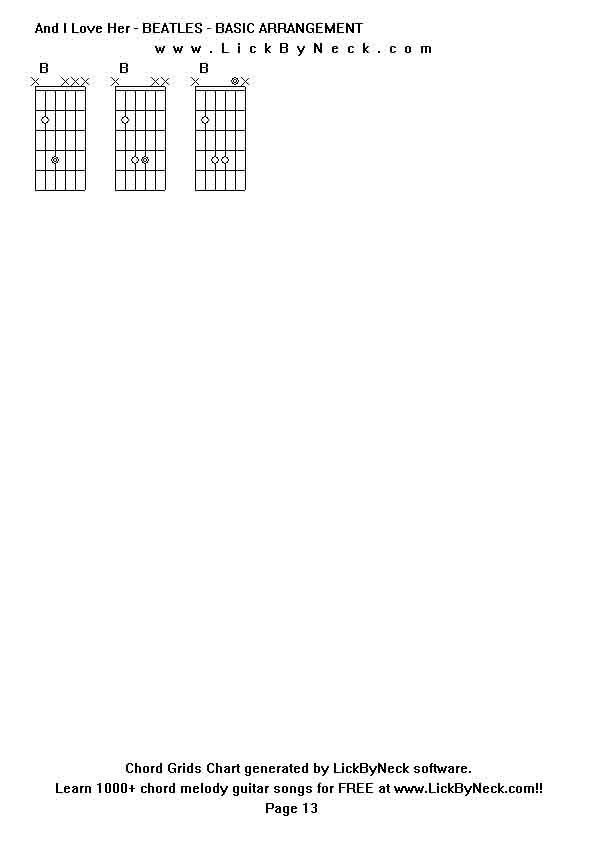 Chord Grids Chart of chord melody fingerstyle guitar song-And I Love Her - BEATLES - BASIC ARRANGEMENT,generated by LickByNeck software.